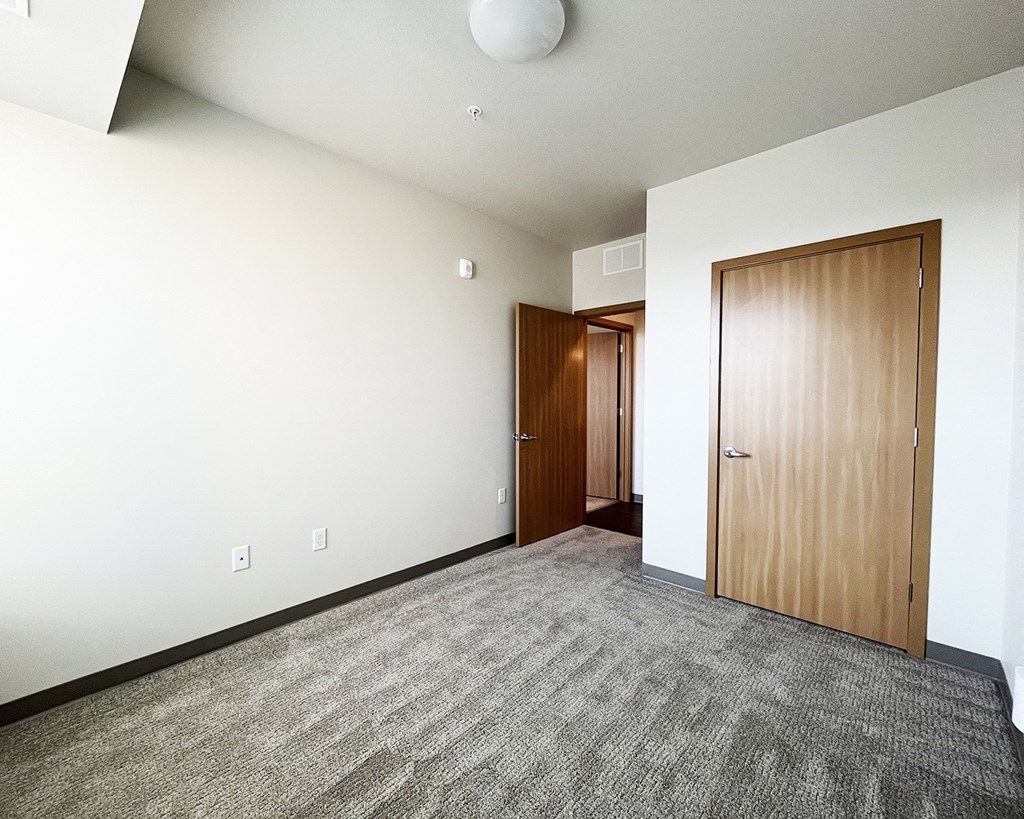 A room with a carpeted floor and two wooden doors.