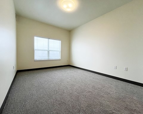 A room with a carpeted floor and a window.
