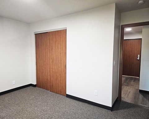 A room with a brown door and a grey carpet.