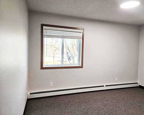A room with a window and a carpeted floor.