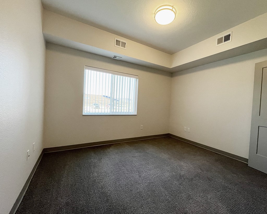 an empty living room with a window and carpet