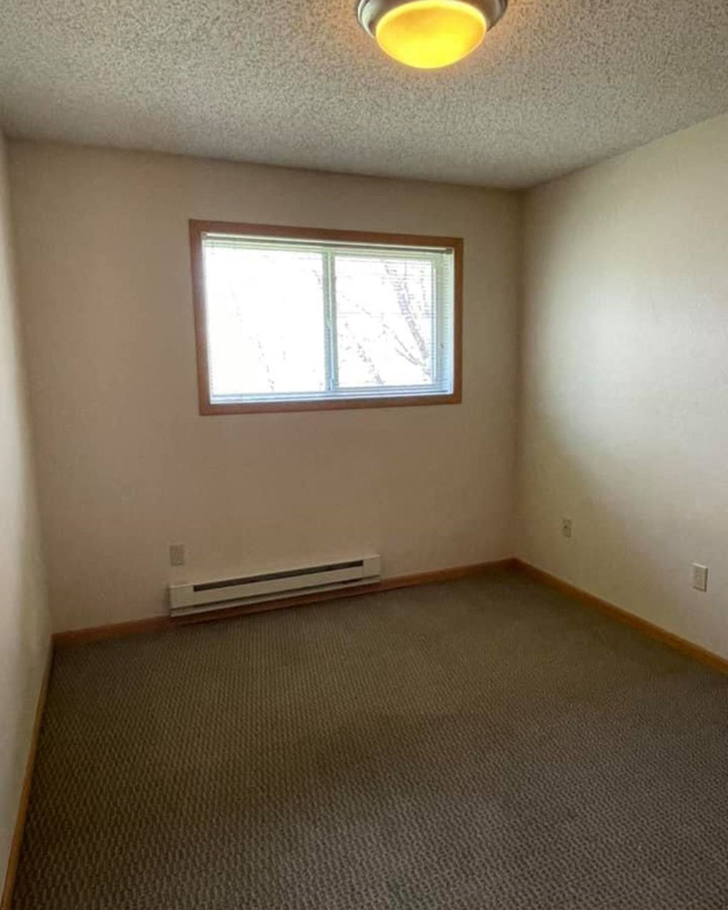 an empty room with a window and a carpet