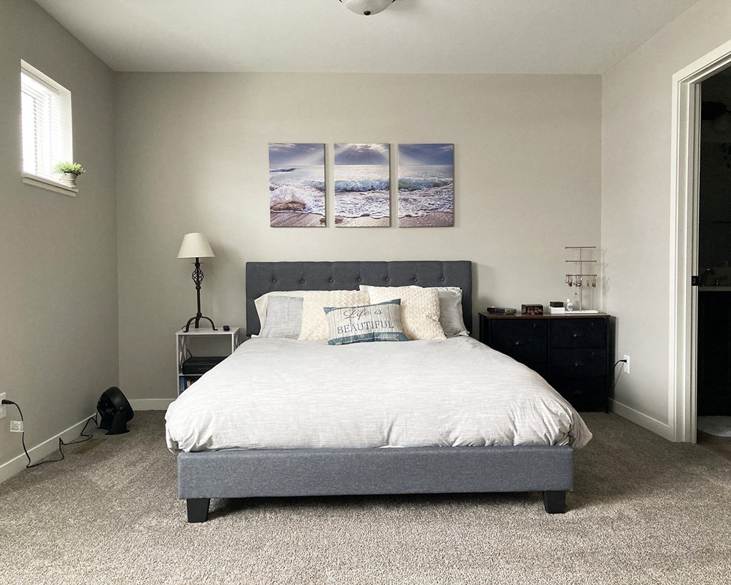 a bedroom with a bed and a dresser and a window