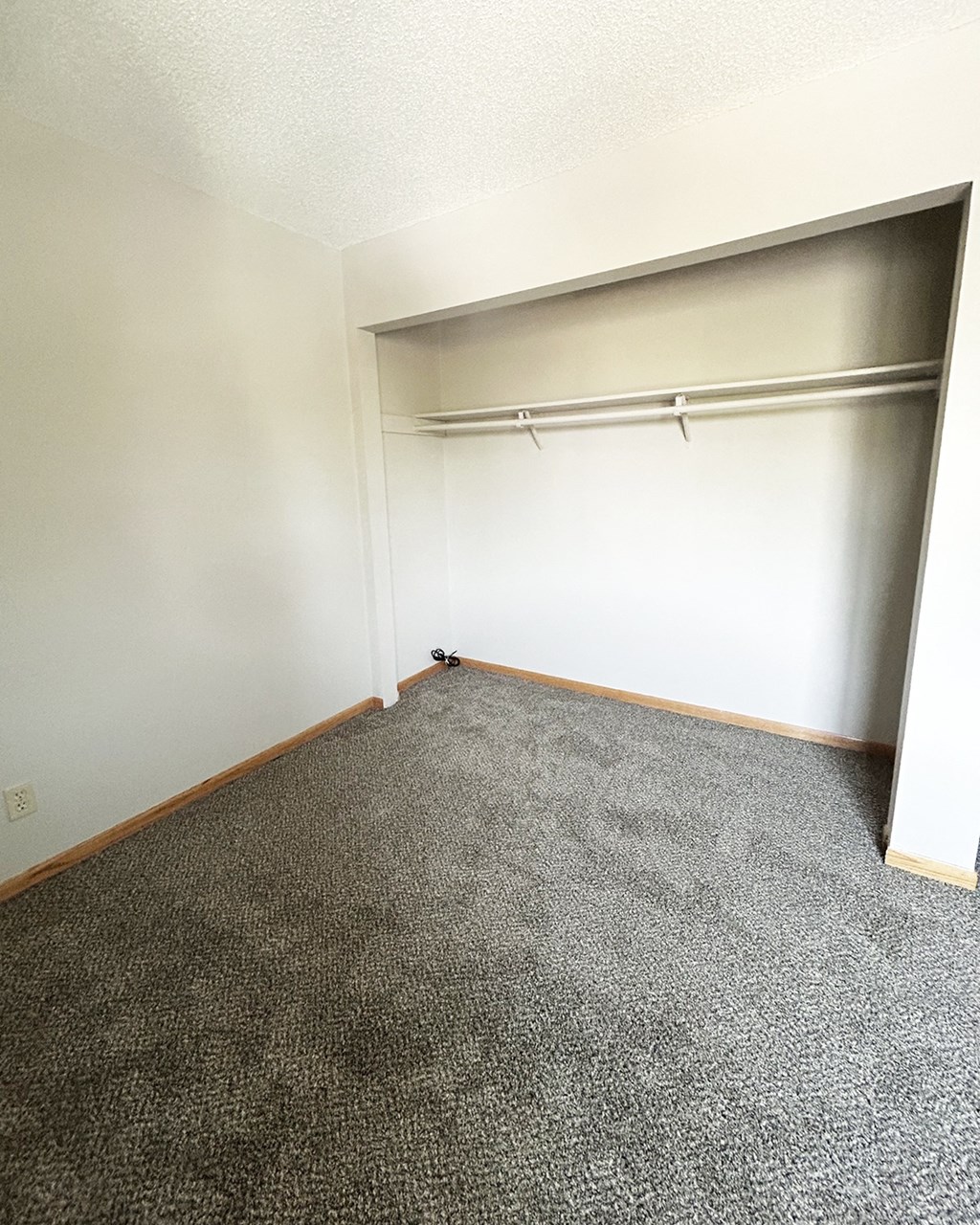 an empty room with a carpeted floor and a garage door