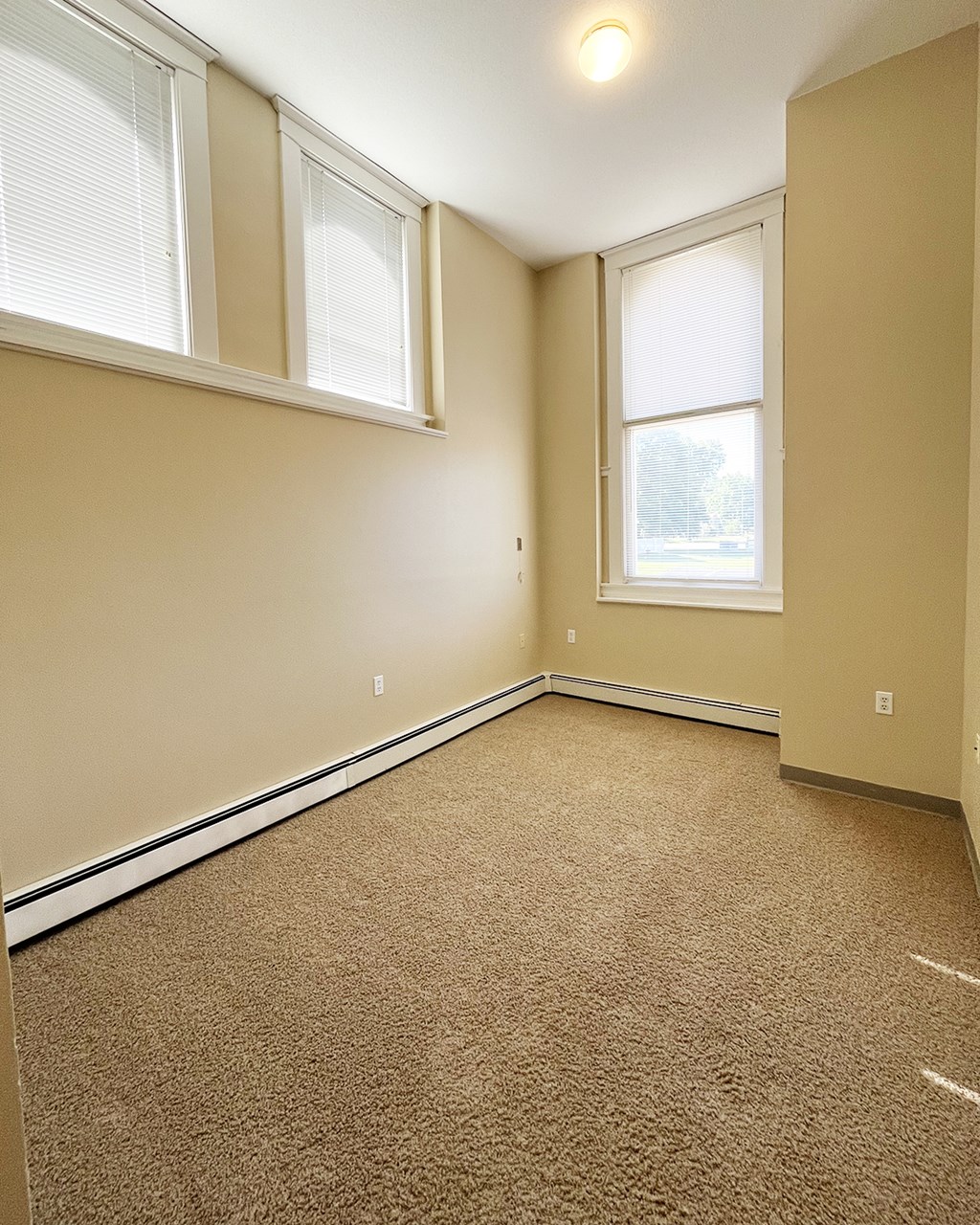 A room with a carpeted floor and two windows.