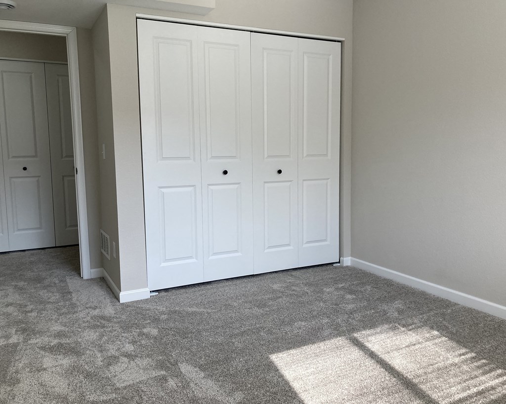 a bedroom with two closets and a carpeted floor