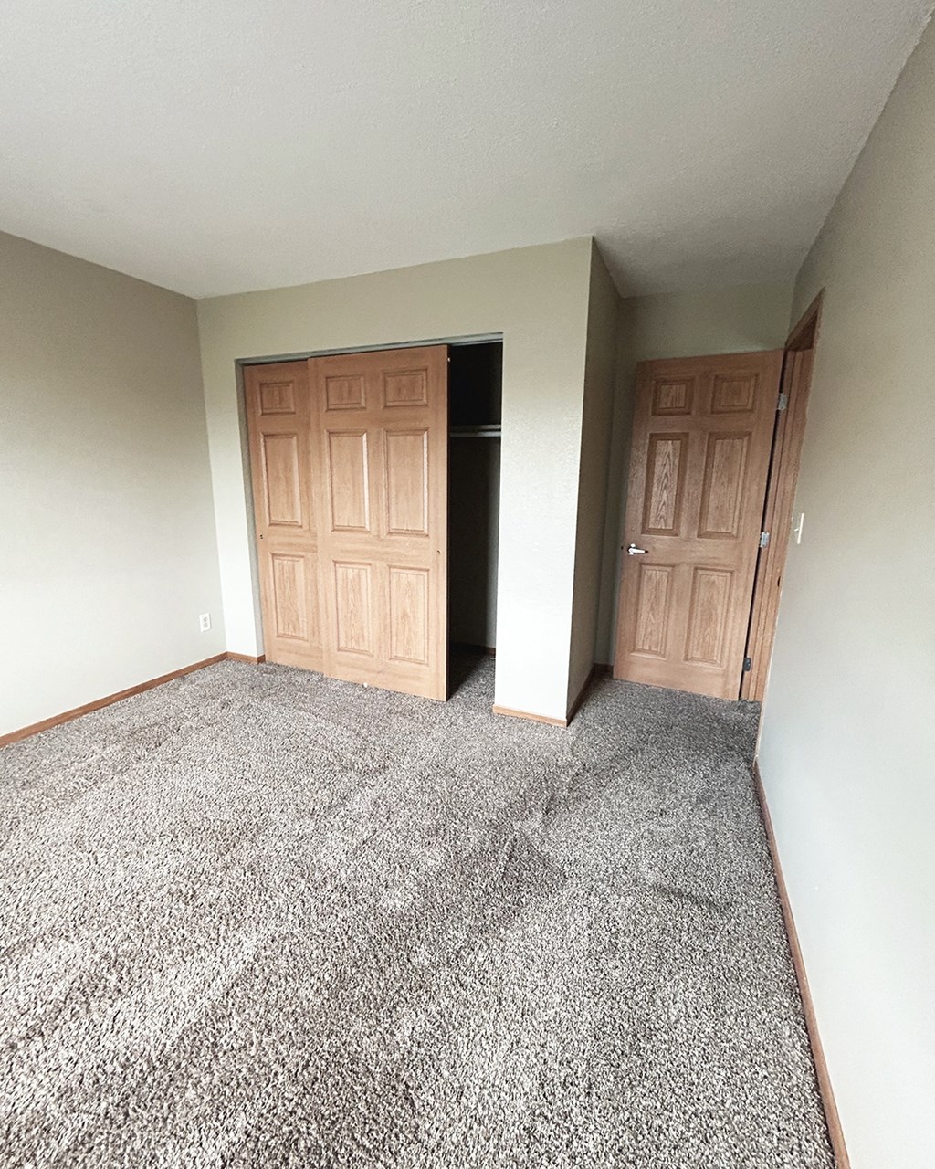 A room with carpeted floor and two wooden doors.