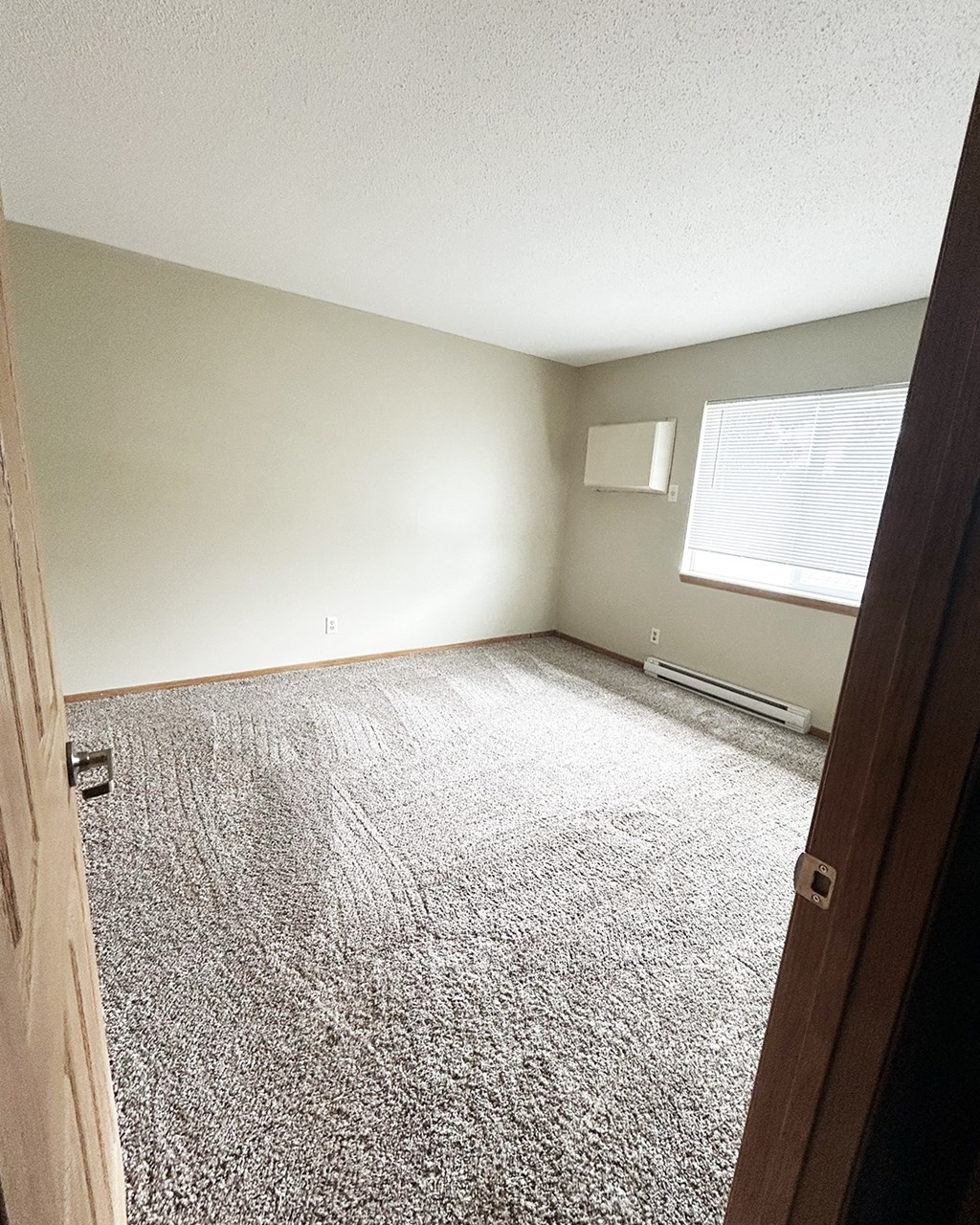 A room with a carpeted floor and a window with blinds.