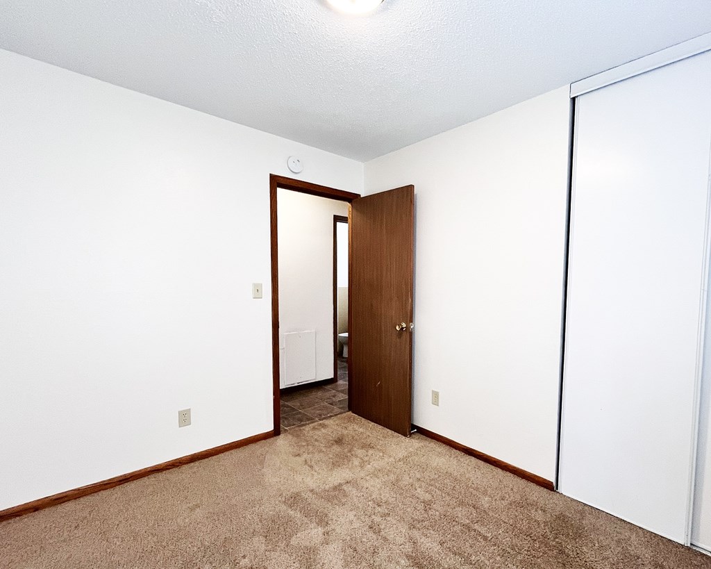 A room with a brown carpet and a brown door.