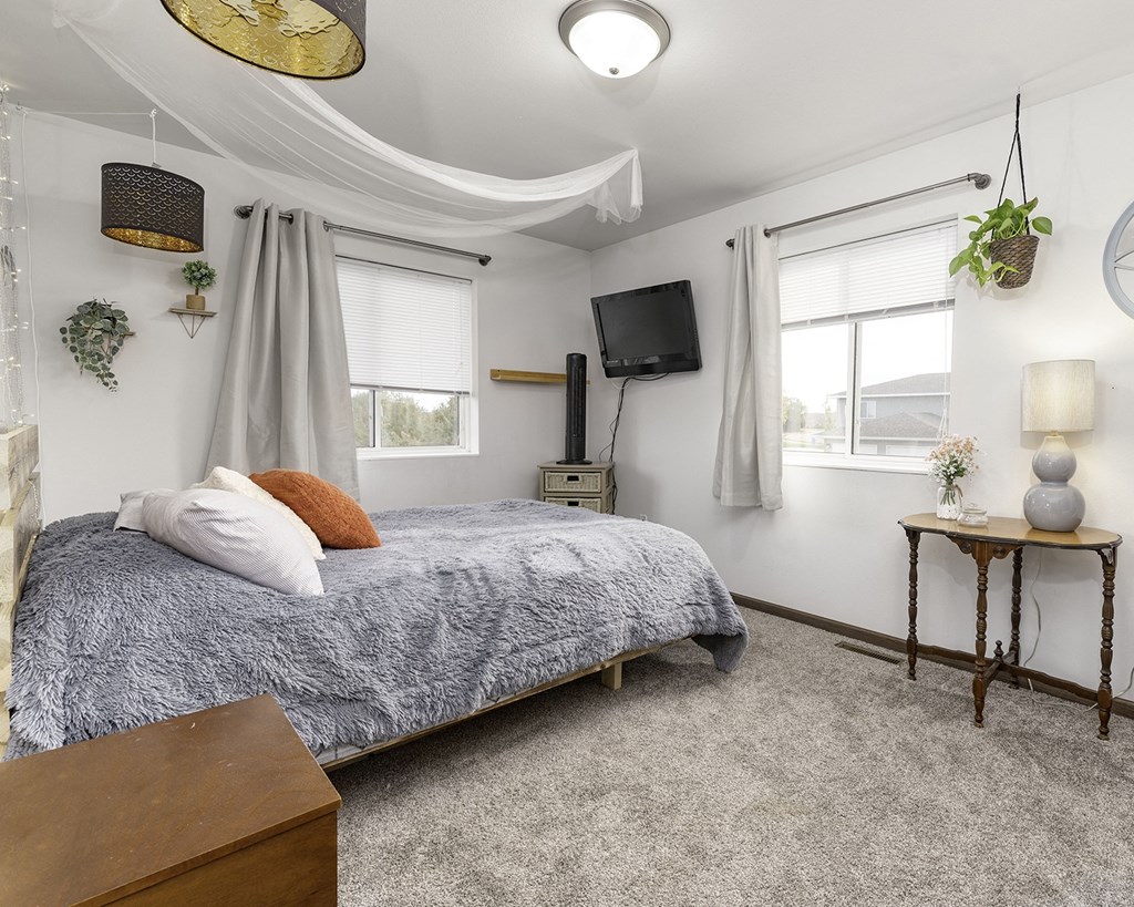 a bedroom with a bed and a tv