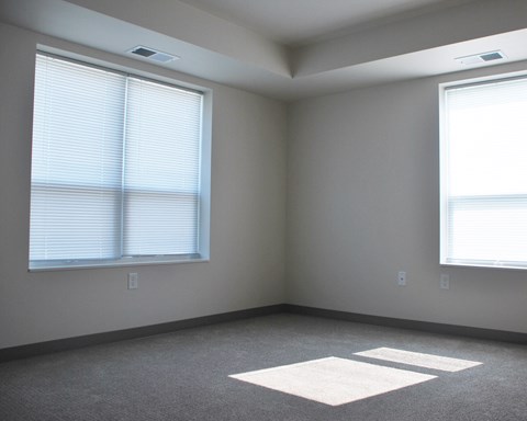 an empty room with two windows and a carpet