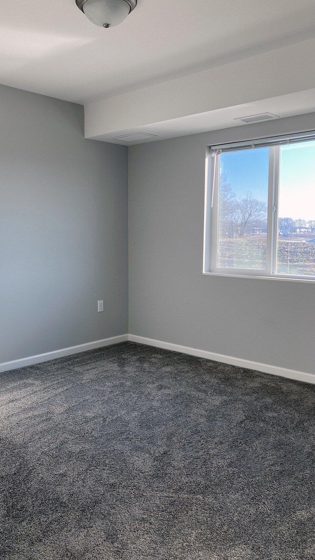 A room with grey carpet and a window.