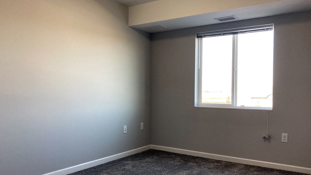 A room with a window and a carpeted floor.