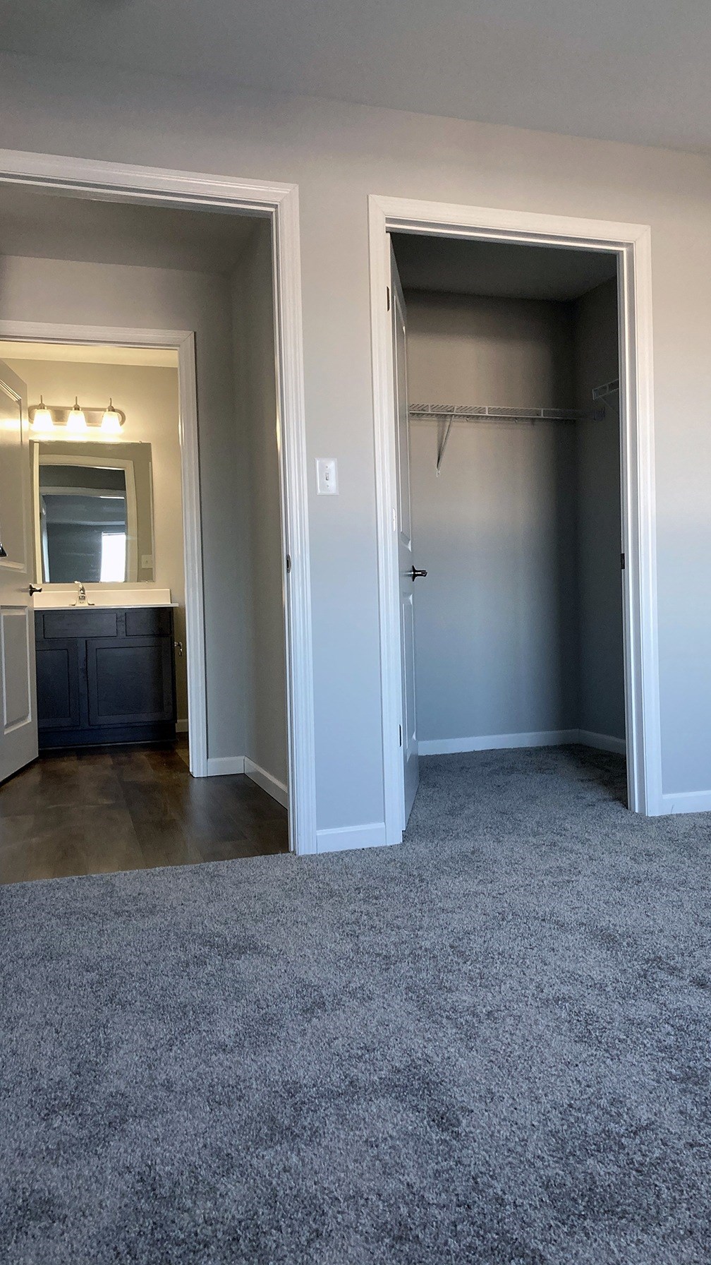 A room with a grey carpet and two white doors.