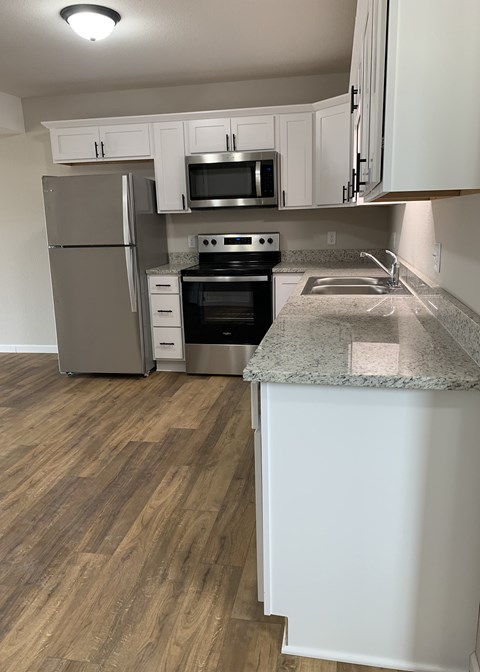 A kitchen with a refrigerator, oven, and microwave.