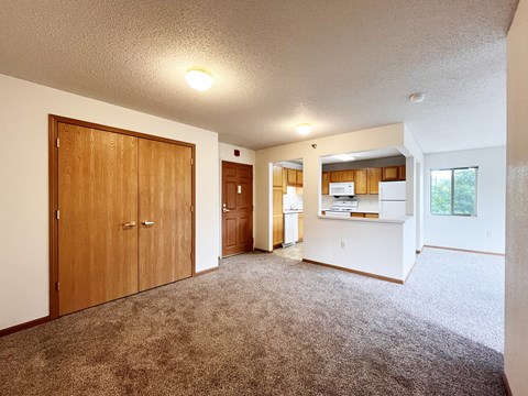 A large, empty room with a carpeted floor and a kitchen area in the background.