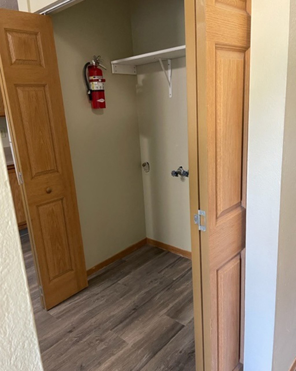 a bathroom with a closet and a fire hydrant on the wall