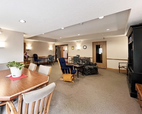 A living room with a dining table and chairs.