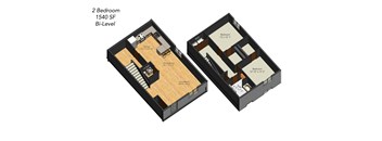 A 2 Bedroom, 1540 SF, Bi-Level apartment layout.