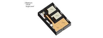 A 2 Bedroom, 770 SF, Single Level house plan.