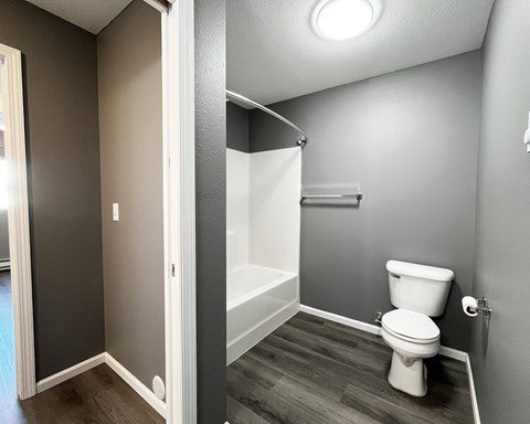 A white toilet sits in a bathroom with a walk-in shower.