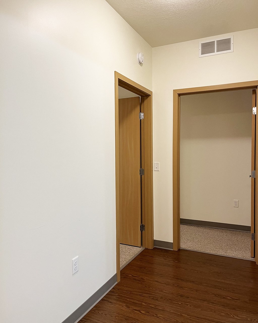 A hallway with two doors and a light switch on the wall.