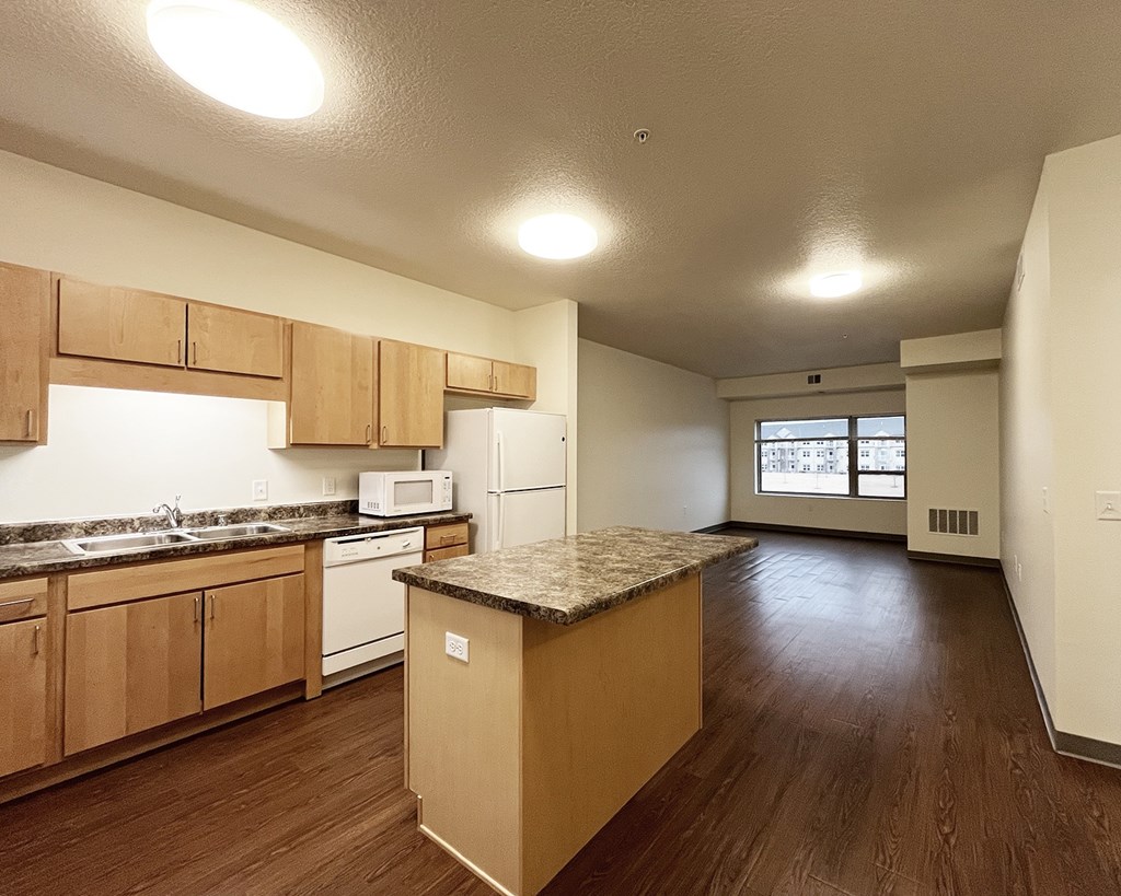 A kitchen with wooden cabinets and a granite countertop.