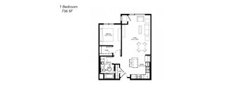 A black and white image of a floor plan for a 1 Bedroom, 736 SF apartment.