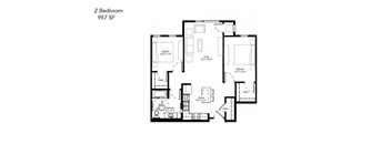 A black and white image of a 2 bedroom, 957 square foot floor plan.