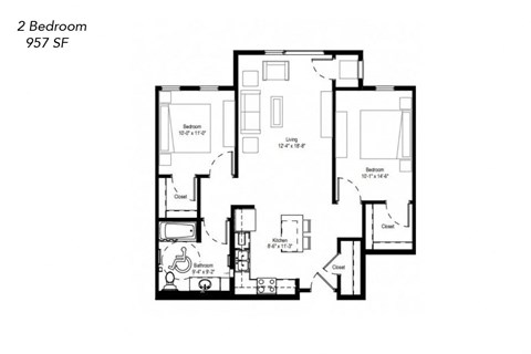 A black and white image of a 2 bedroom, 957 square foot floor plan.