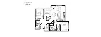 A black and white image of a 3 Bedroom, 1285 SF floor plan.