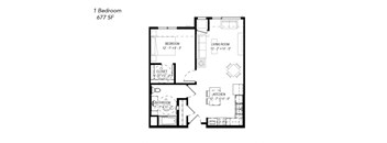 A floor plan of a 1 bedroom apartment sized 677 square feet.