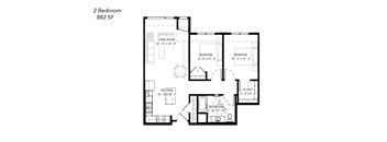 A floor plan of a 2 bedroom apartment sized 882 square feet.