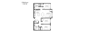 A floor plan of a 3 bedroom apartment with 1147 square feet.