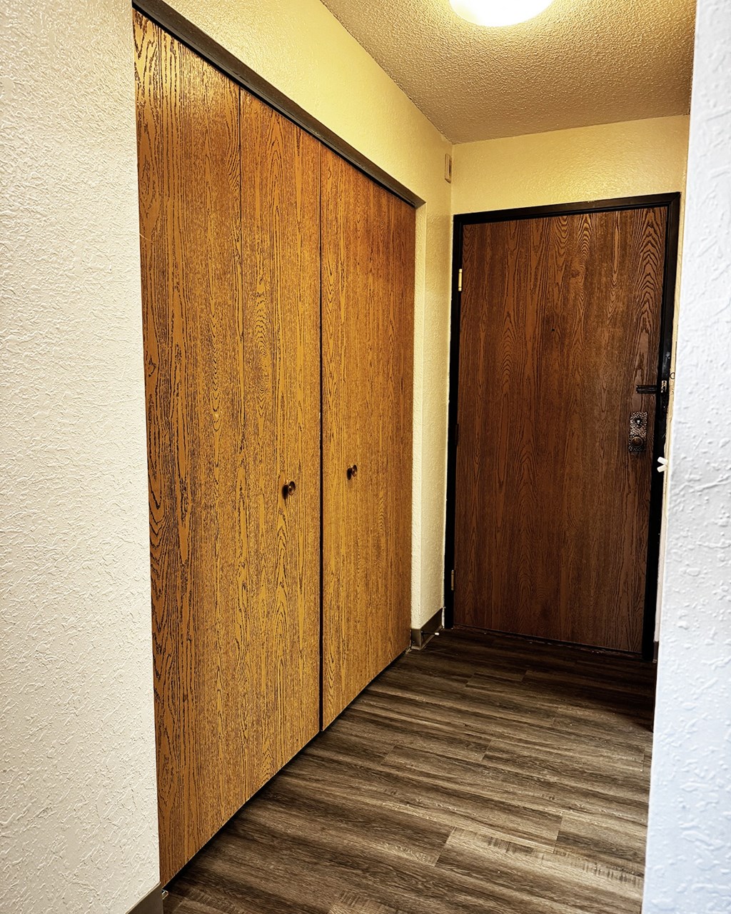 A hallway with a brown door and wooden floor.