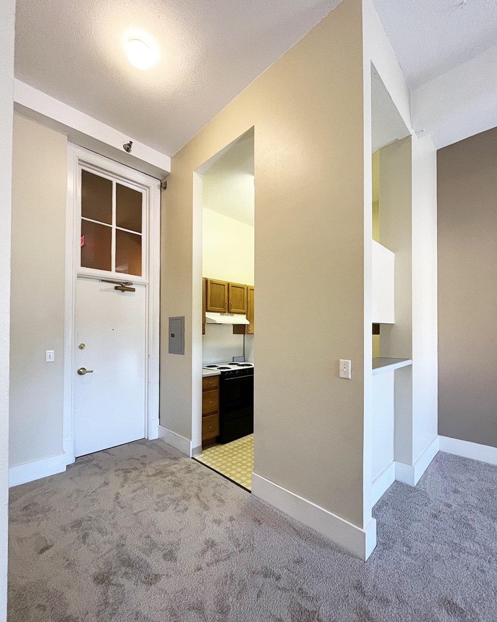 A white door with a window is in a room with a carpeted floor.
