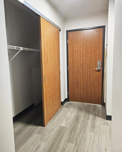 A wooden door with a silver handle is closed.