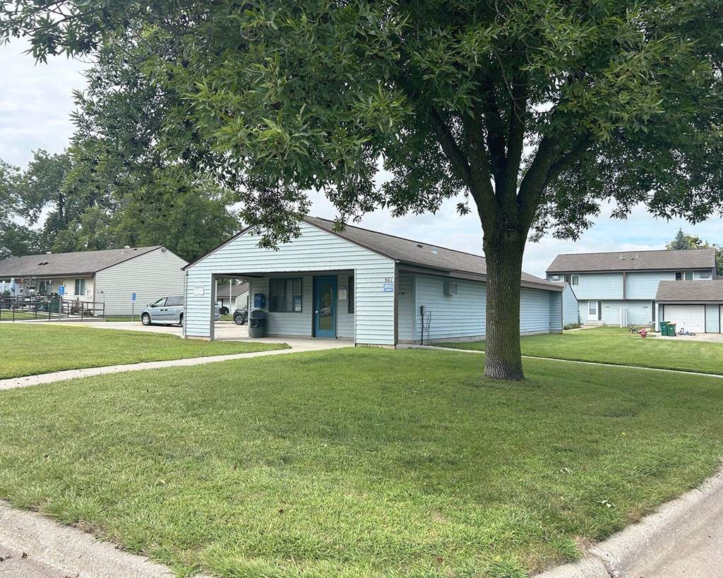 A large tree is in front of a blue building.