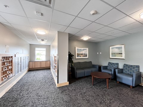 A living room with a grey carpet and a grey couch.