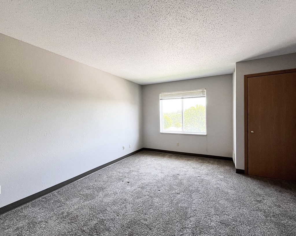 A room with a carpeted floor and a window.