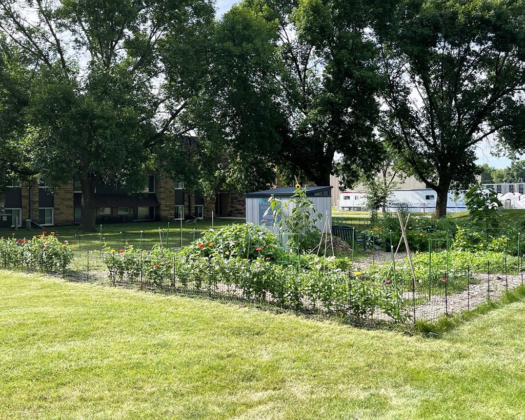 A garden with a fence and a building in the background.