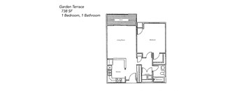 A floor plan of a Garden Terrace apartment with 738 square feet, featuring one bedroom and one bathroom.