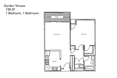 A floor plan of a Garden Terrace apartment with 738 square feet, featuring one bedroom and one bathroom.