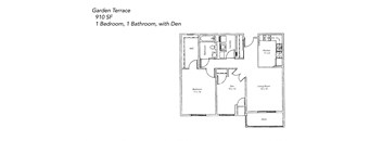 A floor plan of a 910 square foot garden terrace with one bedroom and one bathroom.