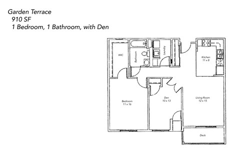 A floor plan of a 910 square foot garden terrace with one bedroom and one bathroom.