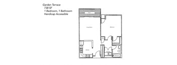 A floor plan of a garden terrace with 738 square feet, including a kitchen, bathroom, laundry, and a bedroom.