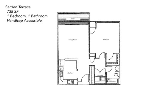 A floor plan of a garden terrace with 738 square feet, including a kitchen, bathroom, laundry, and a bedroom.