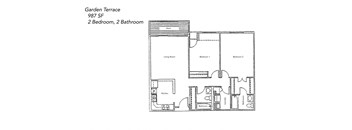 A floor plan of a Garden Terrace 987 SF with 2 bedrooms and 2 bathrooms.