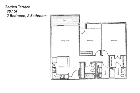 A floor plan of a Garden Terrace 987 SF with 2 bedrooms and 2 bathrooms.