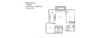 A floor plan of a Garden Terrace, 1,008 square feet, with 2 bedrooms and 2 bathrooms.